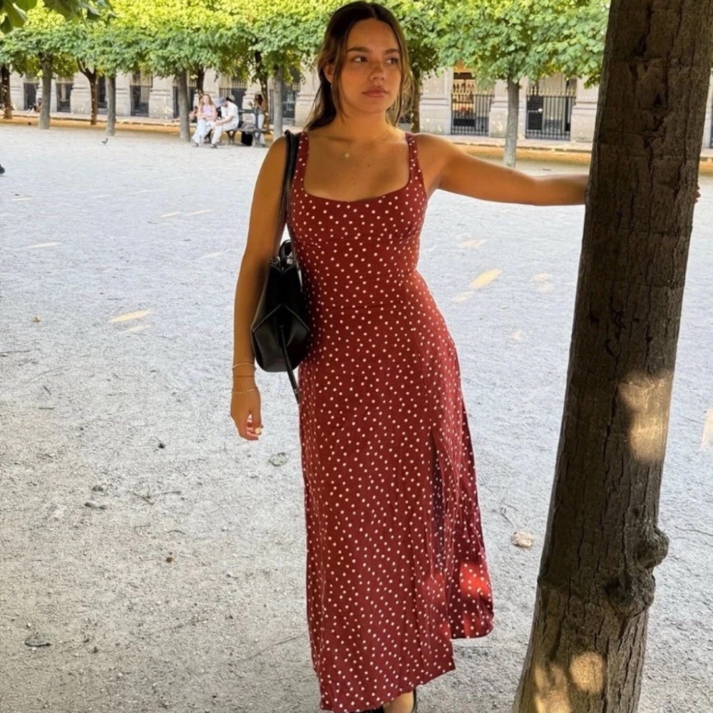 Zara LINEN POLKA DOT MIDI DRESS XS